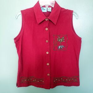 Jane Ashley Sleeveless Top Womens Size Medium Red Elephant Safari Embroidery